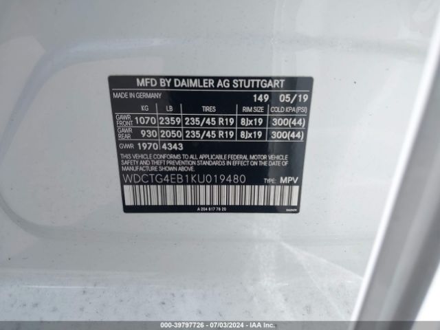 WDCTG4EB1KU019480 Mercedes-Benz GLA 250