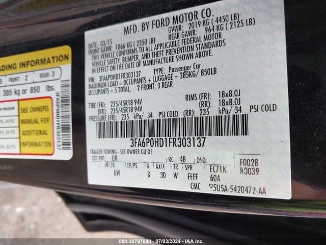 Ford FUSION SE 2015 3FA6P0HD1FR303137 Image 9