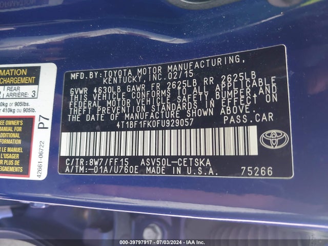 Toyota CAMRY SE 2015 4T1BF1FK0FU929057 Image 9