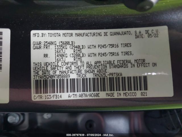 3TYAX5GN0NT058889 Toyota Tacoma Sr