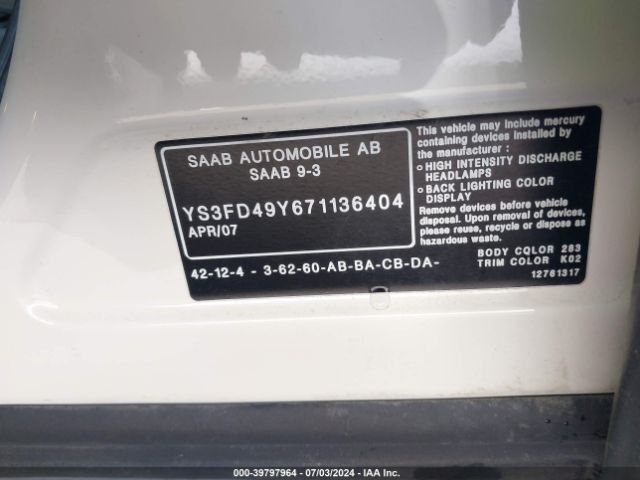 2007 SAAB 9-3 YS3FD49Y671136404 Photo 8