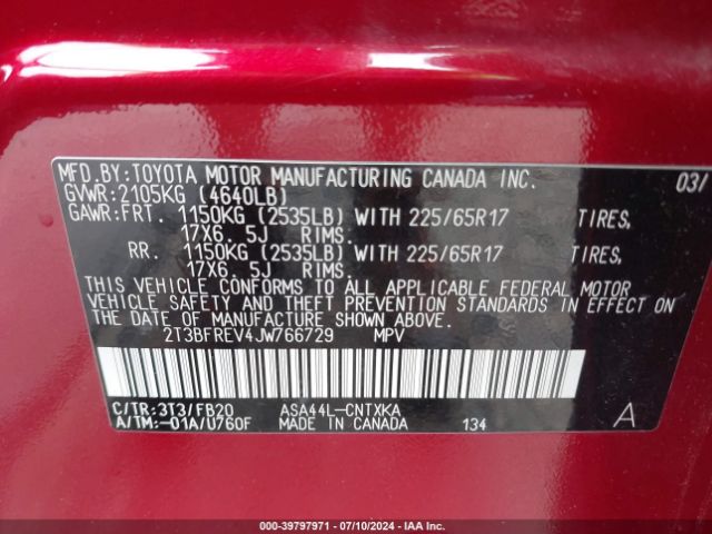 2T3BFREV4JW766729 Toyota RAV4 LE