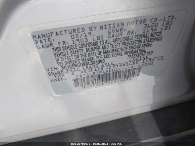 3N1CP5CU9KL534093 Nissan KICKS S