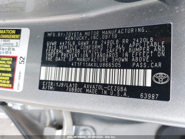 Toyota CAMRY XLE 2020 4T1F11AKXLU866505 Image 9