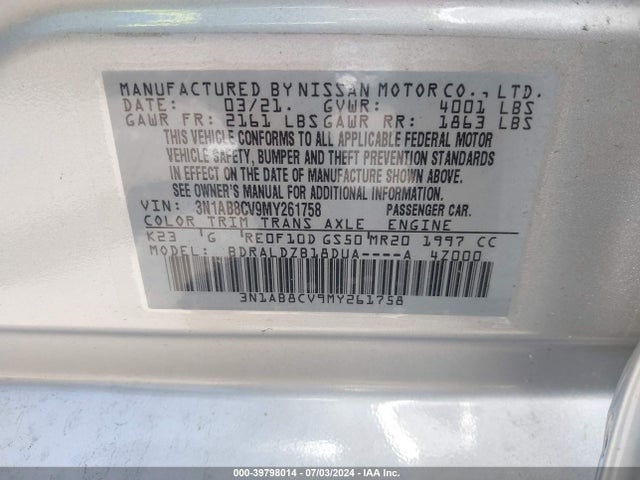 3N1AB8CV9MY261758 Nissan Sentra Sv Xtronic Cvt