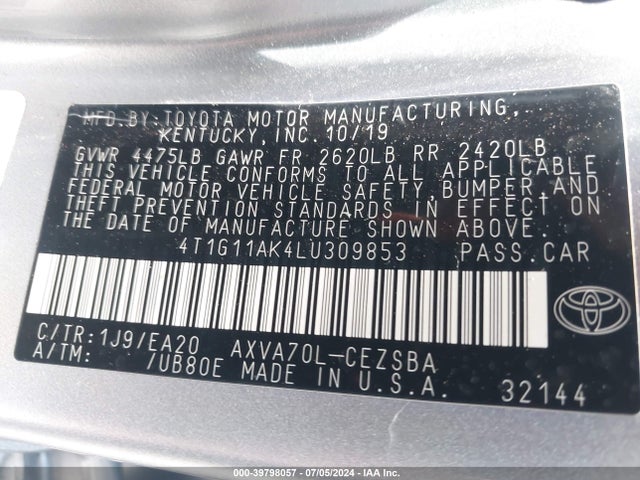 Toyota CAMRY SE 2020 4T1G11AK4LU309853 Image 9