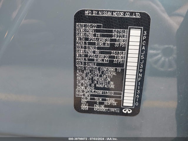 3PCAJ5J39NF113610 Infiniti Qx55 Luxe Awd