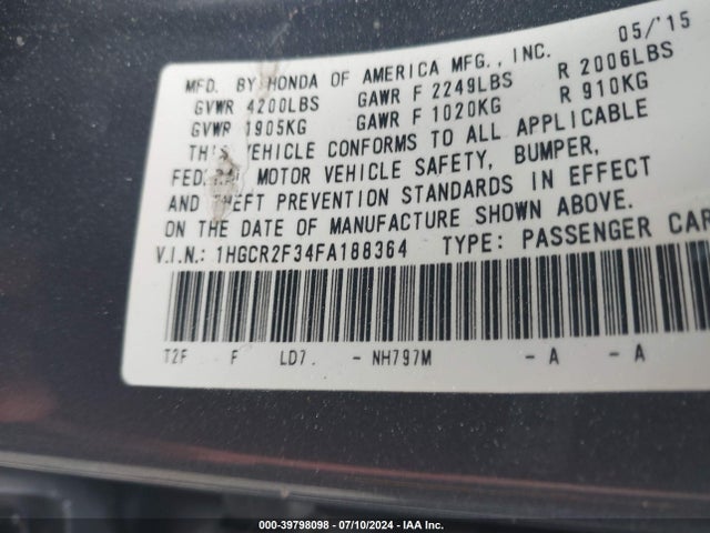Honda ACCORD LX 2015 1HGCR2F34FA188364 Image 9