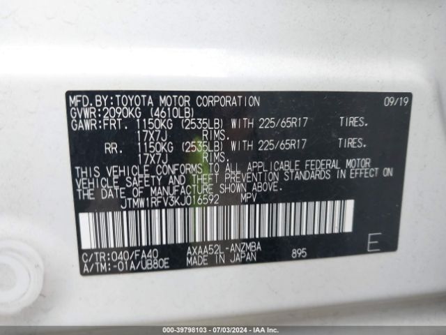 JTMW1RFV3KJ016592 Toyota Rav4 Xle