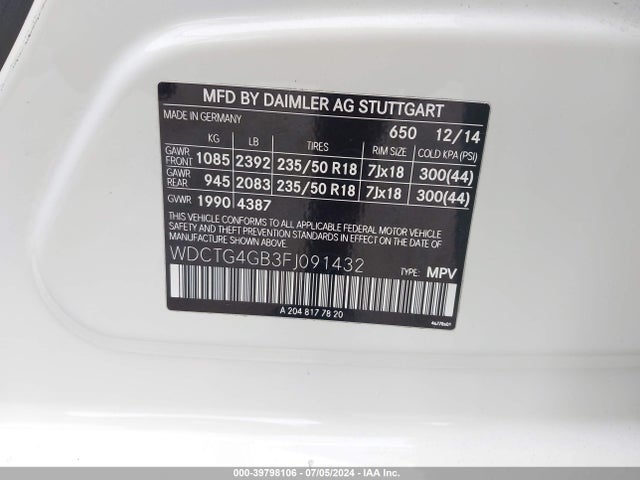 WDCTG4GB3FJ091432 Mercedes-Benz Gla 250 4matic