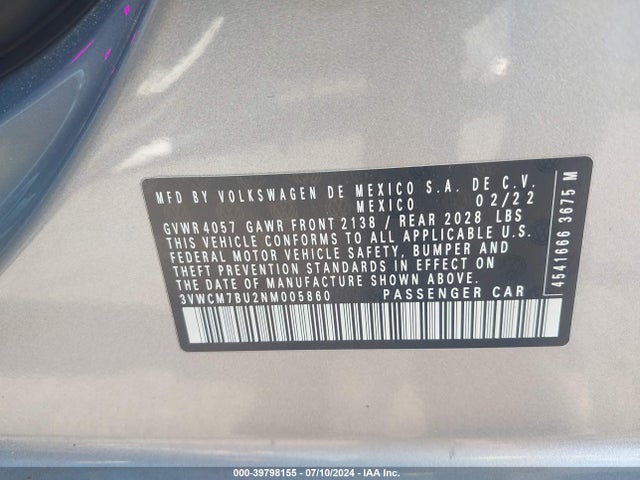 3VWCM7BU2NM005860 Volkswagen Jetta 1.5t S