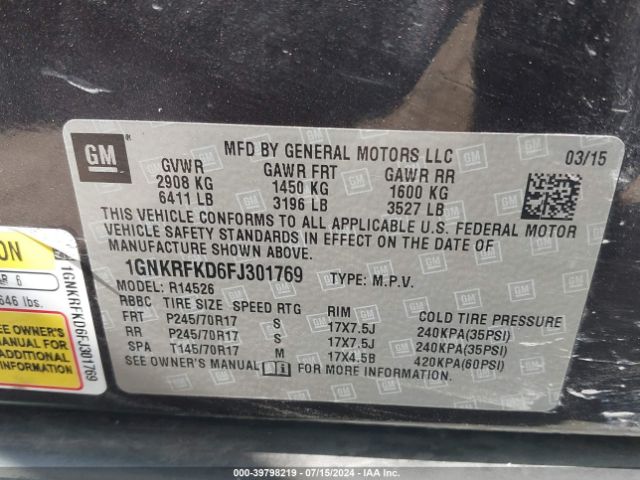 1GNKRFKD6FJ301769 Chevrolet Traverse Ls