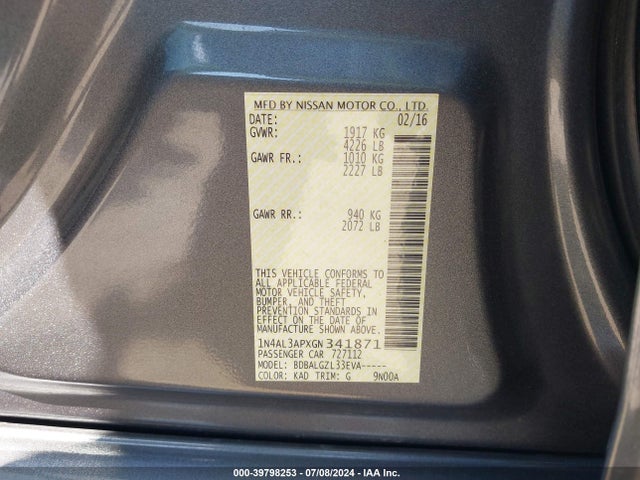 Nissan Altima 2.5 S 2016 1N4AL3APXGN341871 Image 9