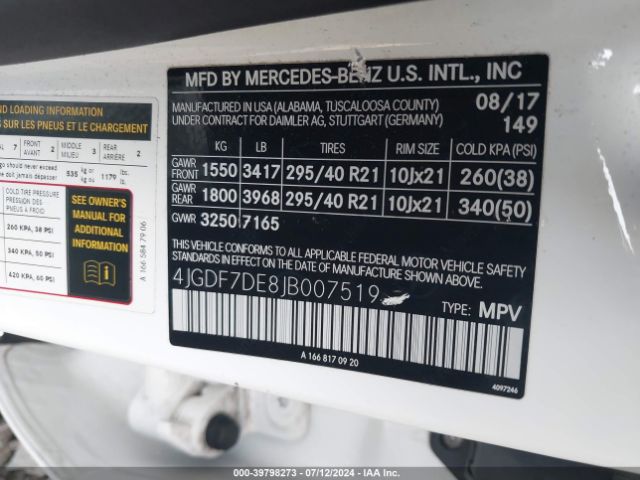 4JGDF7DE8JB007519 Mercedes-Benz Gls 550 4matic
