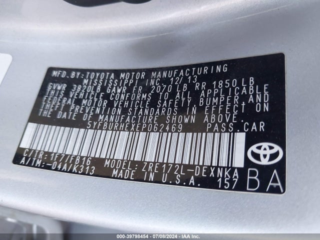 Toyota COROLLA LE 2014 5YFBURHEXEP062469 Image 9
