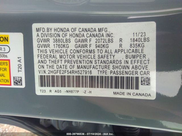 2HGFE2F54RH527916 Honda Civic Sport