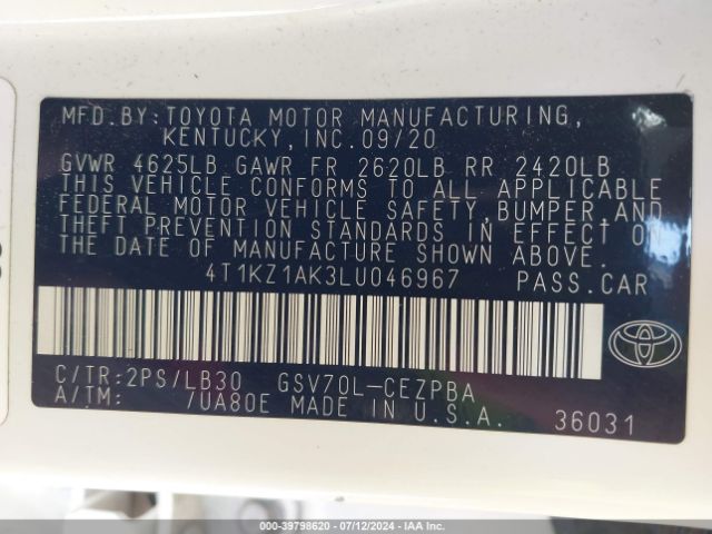 4T1KZ1AK3LU046967 Toyota Camry Xse V6