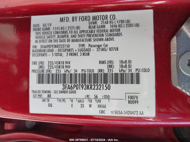 Ford FUSION SE 2019 3FA6P0T93KR232150 Image 9