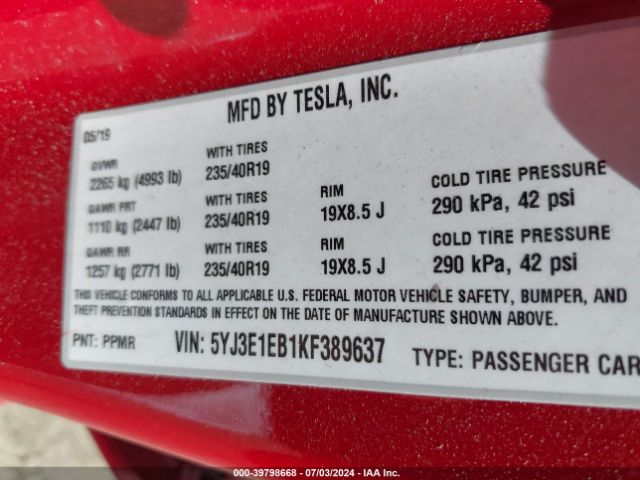 5YJ3E1EB1KF389637 Tesla Model 3 Long Range/performance