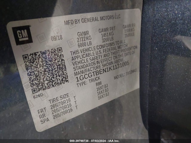 1GCGTBEN1K1131005 Chevrolet Colorado Wt