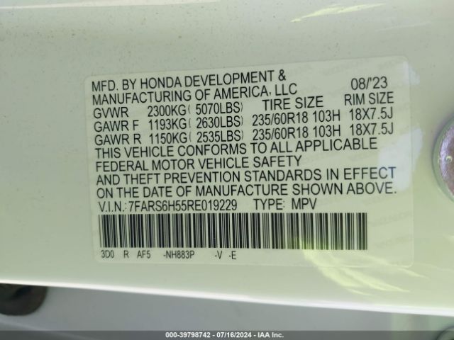 7FARS6H55RE019229 Honda Cr-v Hybrid Sport