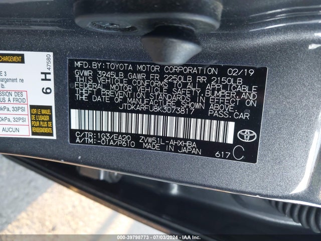 Toyota PRIUS XLE 2019 JTDKARFU8K3073817 Image 9