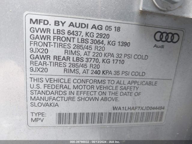WA1LHAF7XJD044494 Audi Q7 2.0t Premium