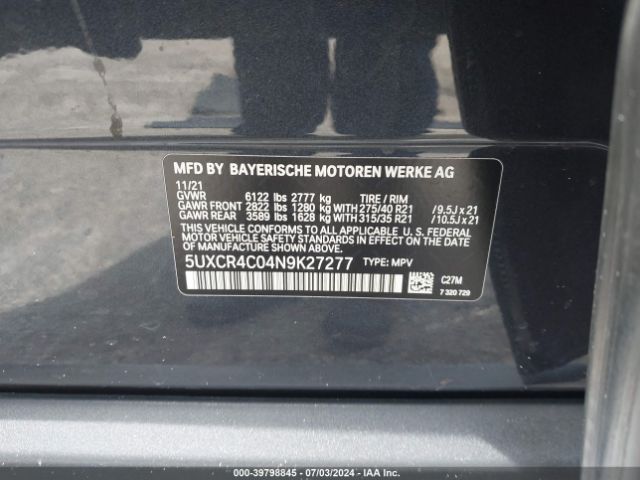 5UXCR4C04N9K27277 BMW X5 Sdrive40i