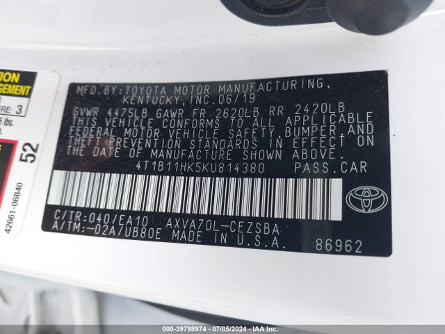 Toyota CAMRY SE 2019 4T1B11HK5KU814380 Image 9