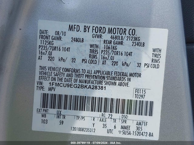 Продаж на аукціоні авто 2011 Ford Escape Limited, vin: 1FMCU9EG2BKA28381, номер лоту: 39799119