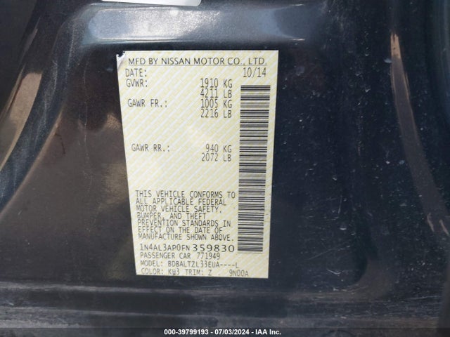 Nissan Altima 2.5 Sl 2015 1N4AL3AP0FN359830 Image 9