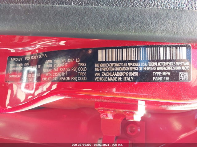ZACNJAAB6KPK10458 Jeep Renegade Sport Fwd