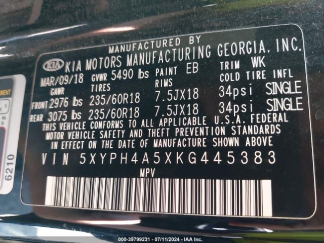 5XYPH4A5XKG445383 KIA Sorento 3.3l Ex