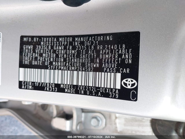 Toyota COROLLA LE 2021 5YFEPMAE8MP264582 Image 9