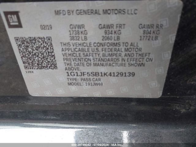 1G1JF5SB1K4129139 Chevrolet Sonic Premier Auto