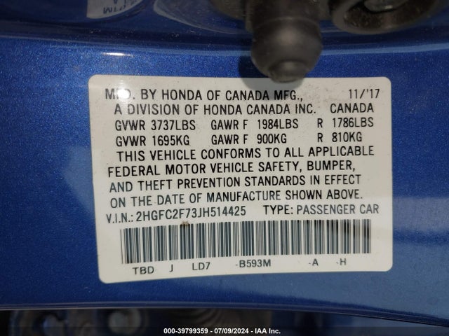 Honda CIVIC EX 2018 2HGFC2F73JH514425 Image 9