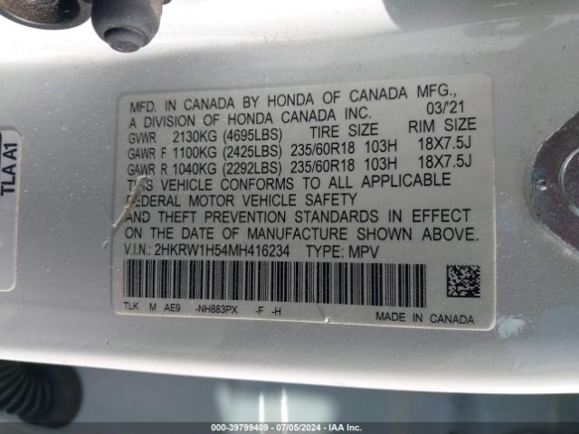 2HKRW1H54MH416234 Honda Cr-v 2wd Ex