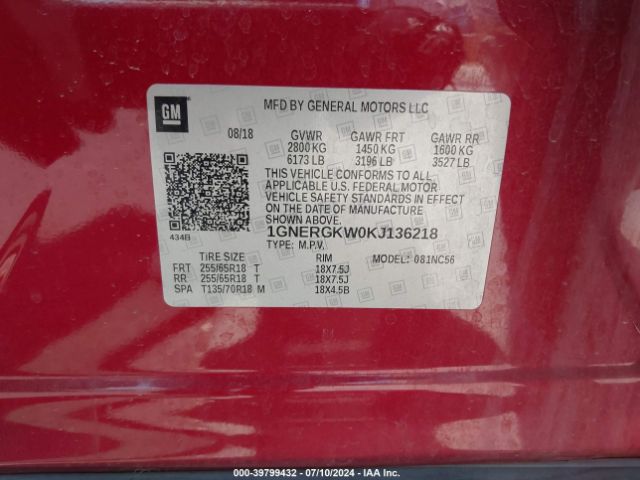 1GNERGKW0KJ136218 Chevrolet Traverse 1lt