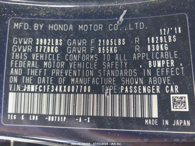 JHMFC1F34KX007700 Honda CIVIC EX
