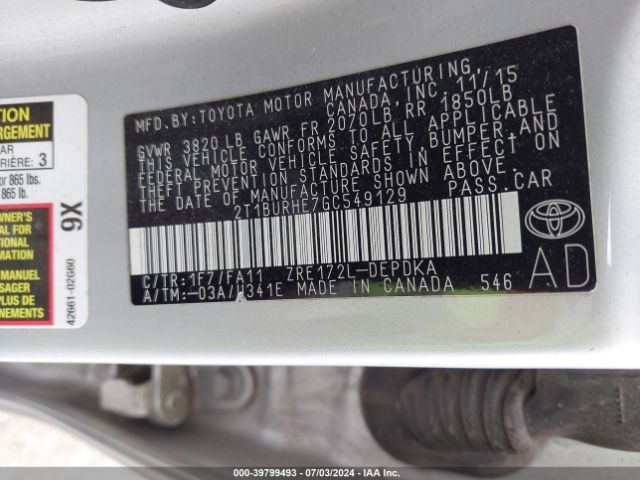 2T1BURHE7GC549129 Toyota COROLLA L