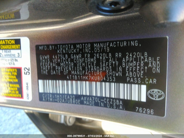 Toyota CAMRY SE 2019 4T1B11HK7KU804353 Image 9