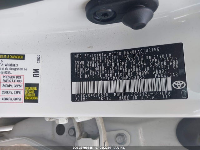 Toyota COROLLA LE 2021 5YFEPMAE1MP263855 Image 9