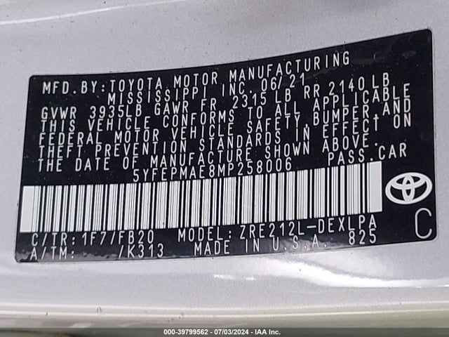 Toyota COROLLA LE 2021 5YFEPMAE8MP258006 Image 9