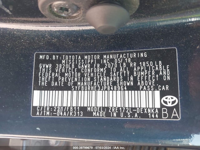 Toyota COROLLA LE 2018 5YFBURHE3JP848964 Image 9