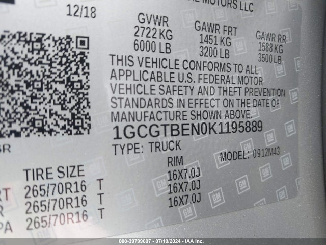 Chevrolet Colorado Wt 2019 1GCGTBEN0K1195889 Image 18
