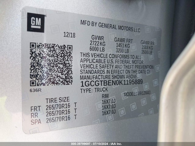 Chevrolet Colorado Wt 2019 1GCGTBEN0K1195889 Image 9
