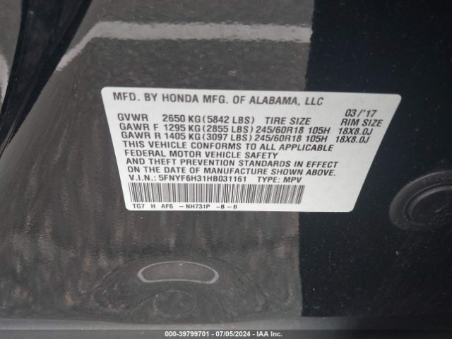 5FNYF6H31HB031161 Honda Pilot Ex