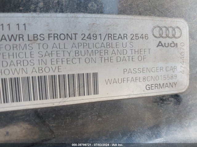 39799721 :رقم المزاد ، WAUFFAFL8CN015589 vin ، 2012 Audi A4 2.0t Premium مزاد بيع