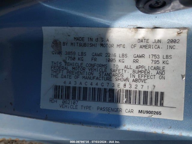 2003 MITSUBISHI ECLIPSE 4A3AC44G73E032717 Photo 8