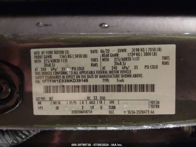 1FTFW1E83NKD39148 Ford F-150 Xl